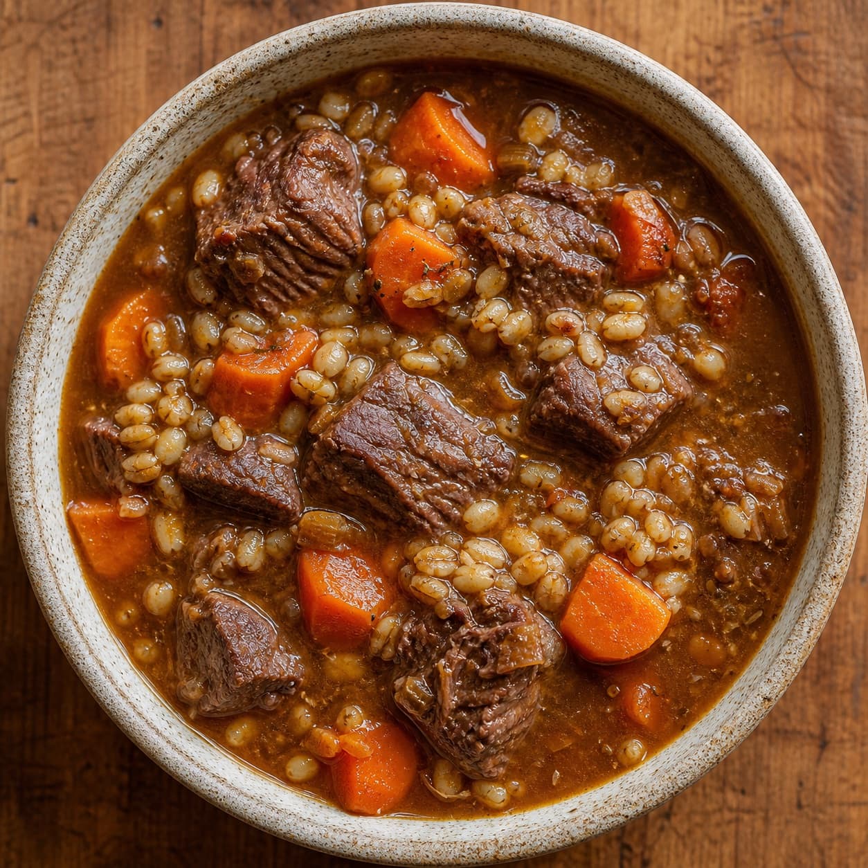 Slow Cooker Beef & Barley Stew, plated