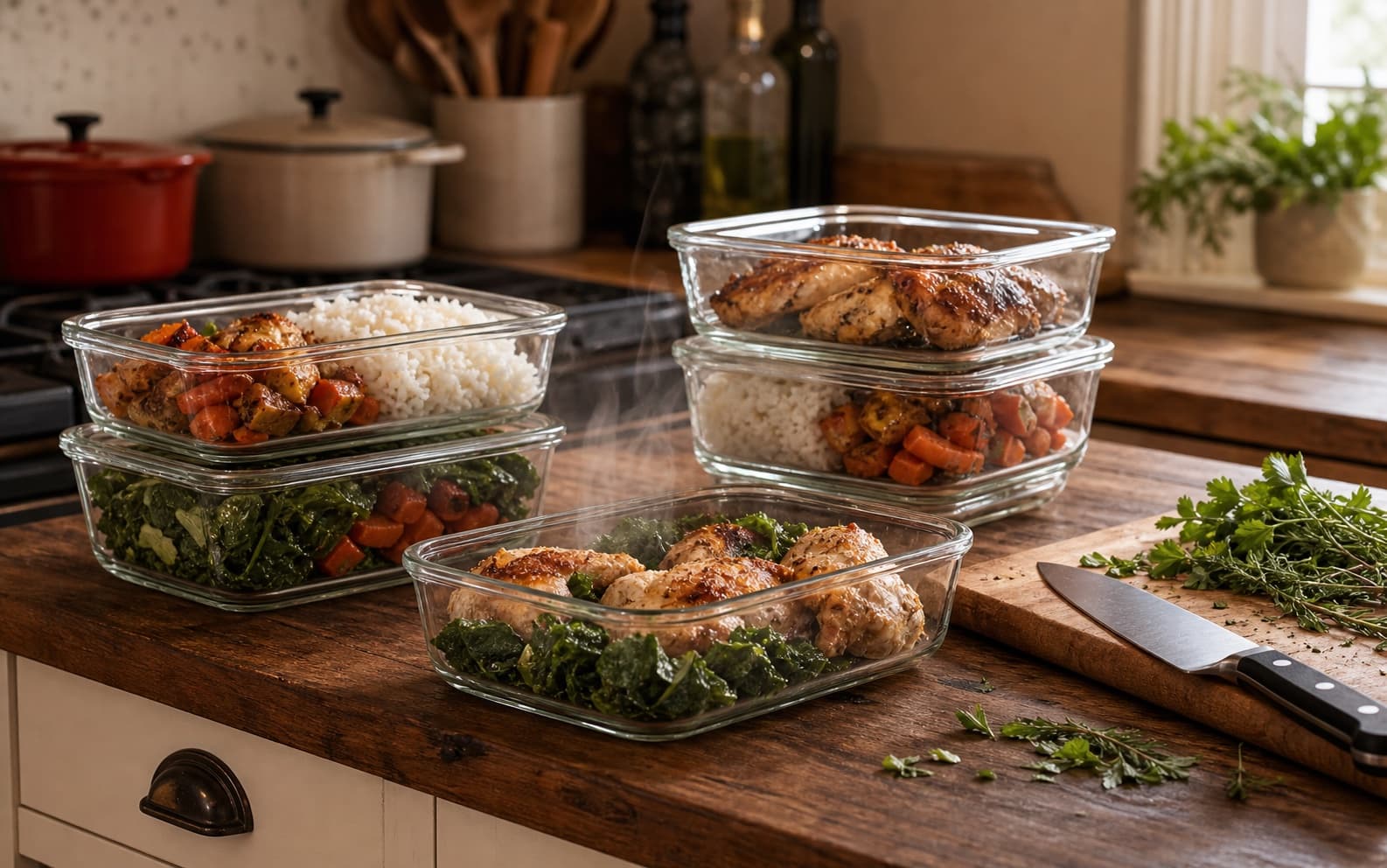 Stacked glass meal-prep containers of roasted chicken, rice, and greens on a wooden kitchen counter